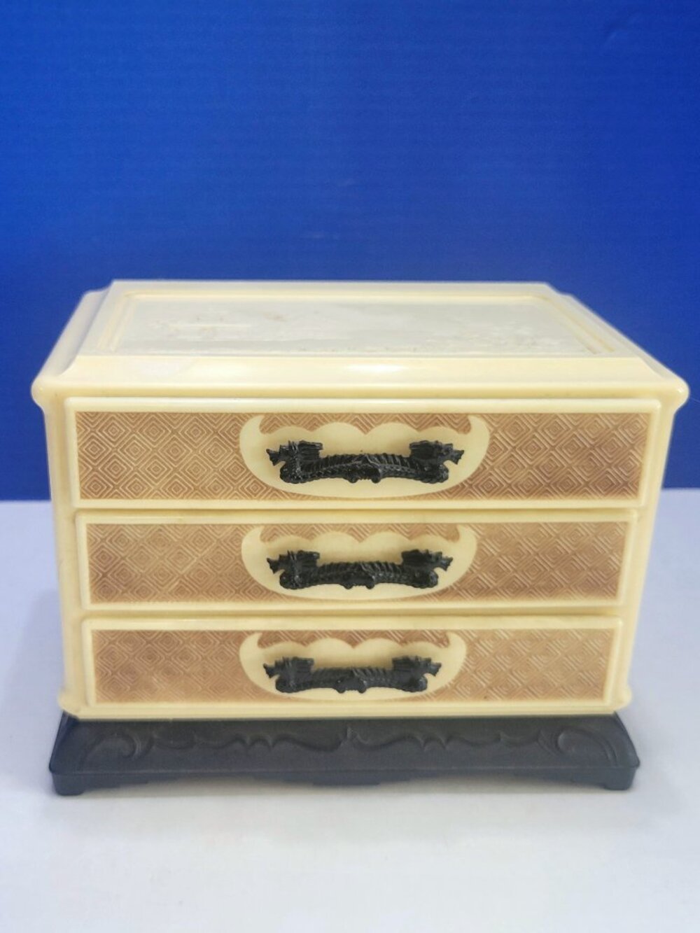 Vintage Asian Celluloid 3 Drawer Jewelry Box with Dragon Handles